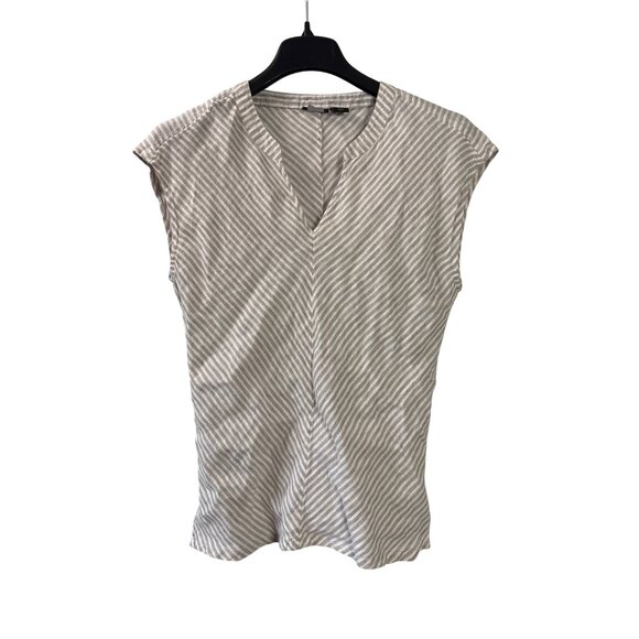 Tahari Womens Striped Linen Cap Sleeve Top Beige White Striped Size S - Picture 1 of 4